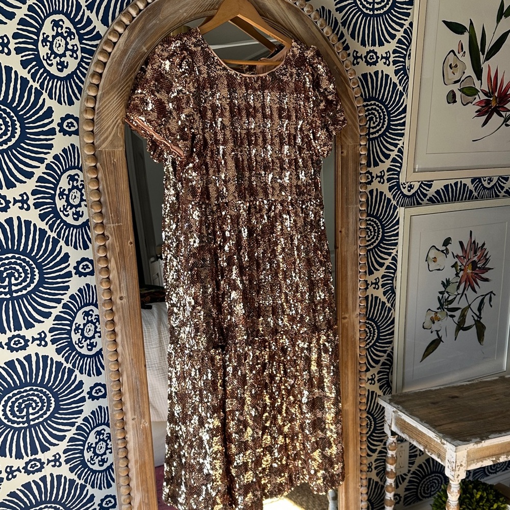 Anthropologie MAEVE BERNADETTE Sequin Pink Tiered Babydoll Midi Dress NEW